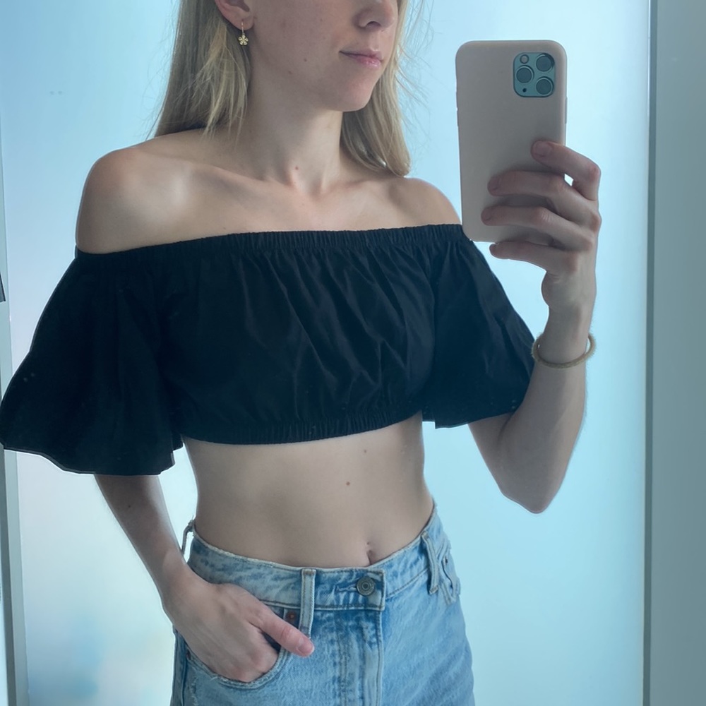 VICI Nova Cotton Off the Shoulder Puff Sleeve Crop Top in Black